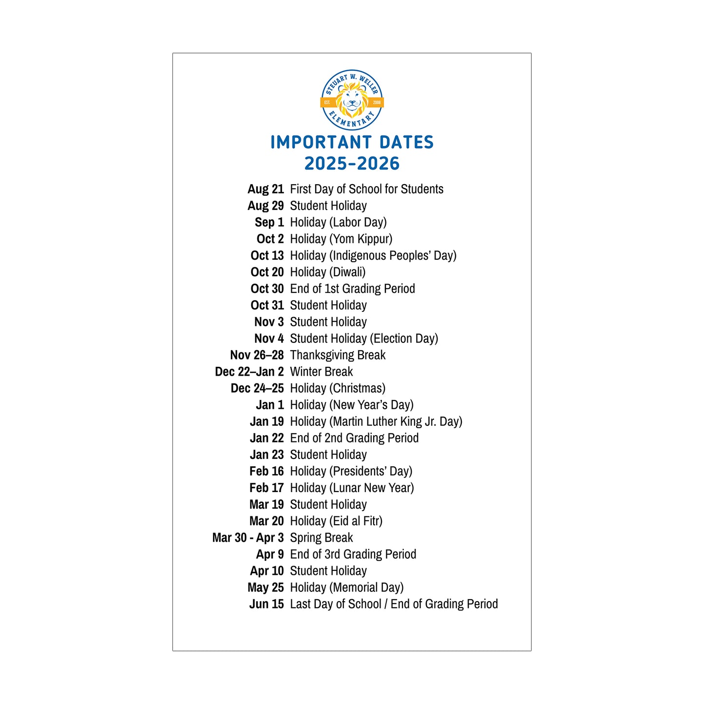 2025 - 2026 School Calendar Magnet
