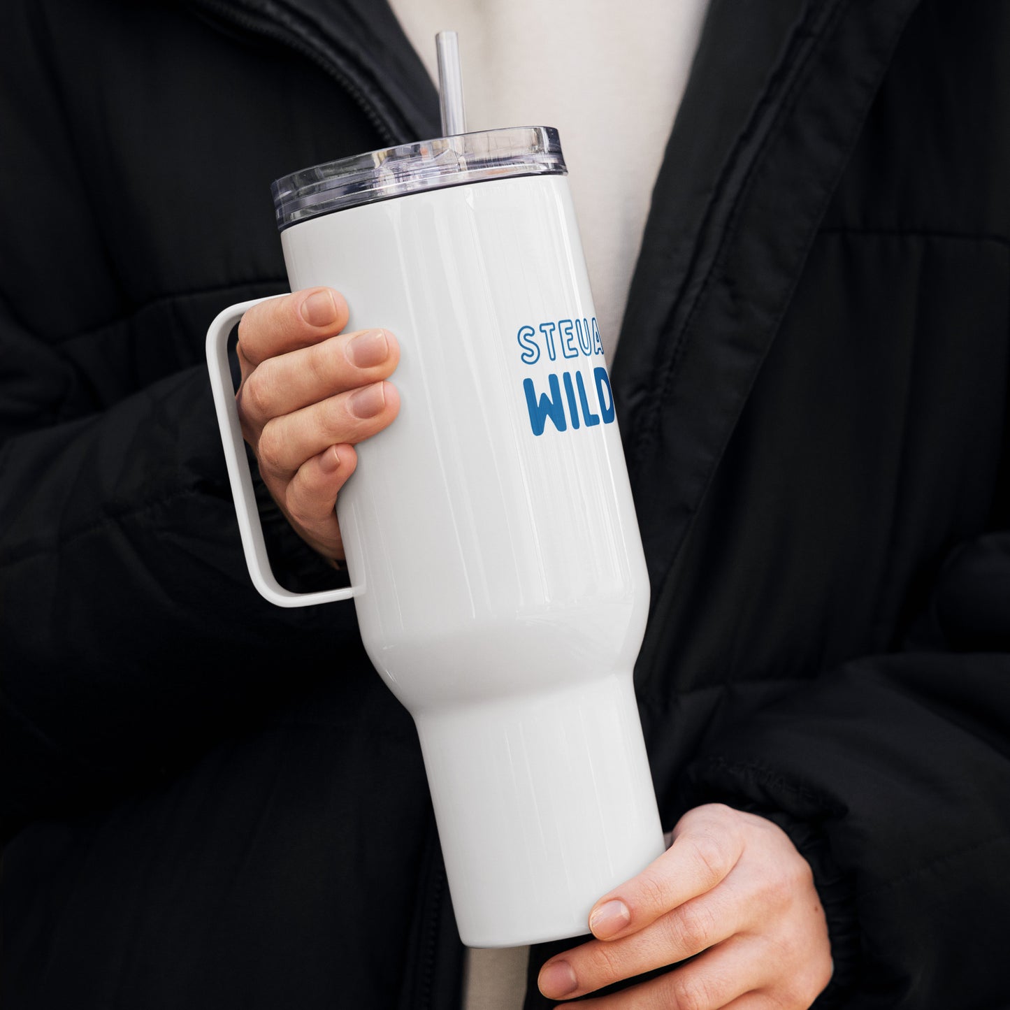 White Wild Cats Travel Tumbler with Handle